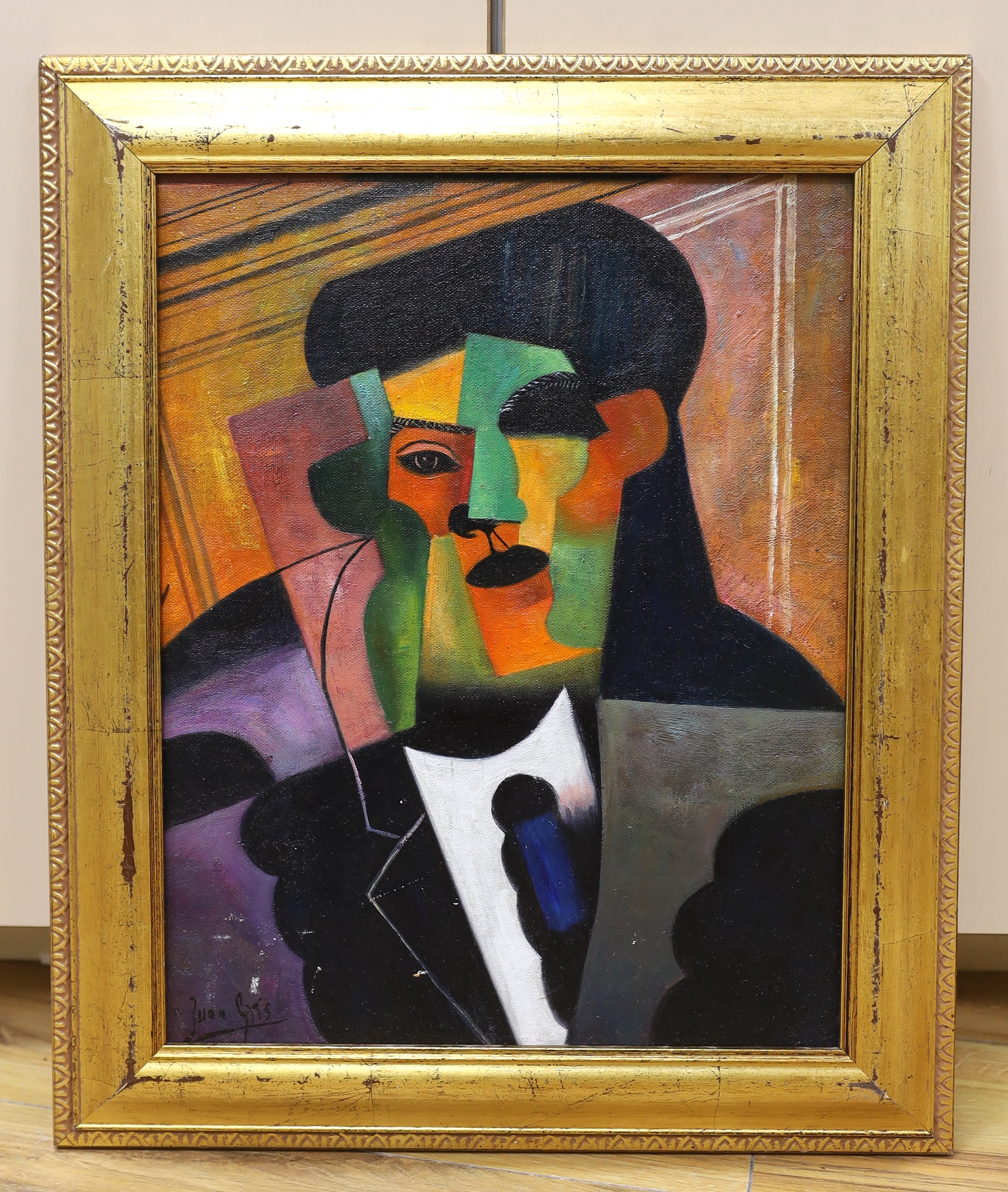 After Juan Gris (Spanish, 1887-1927), oil on board, Surreal composition, figure, 37 x 29cm